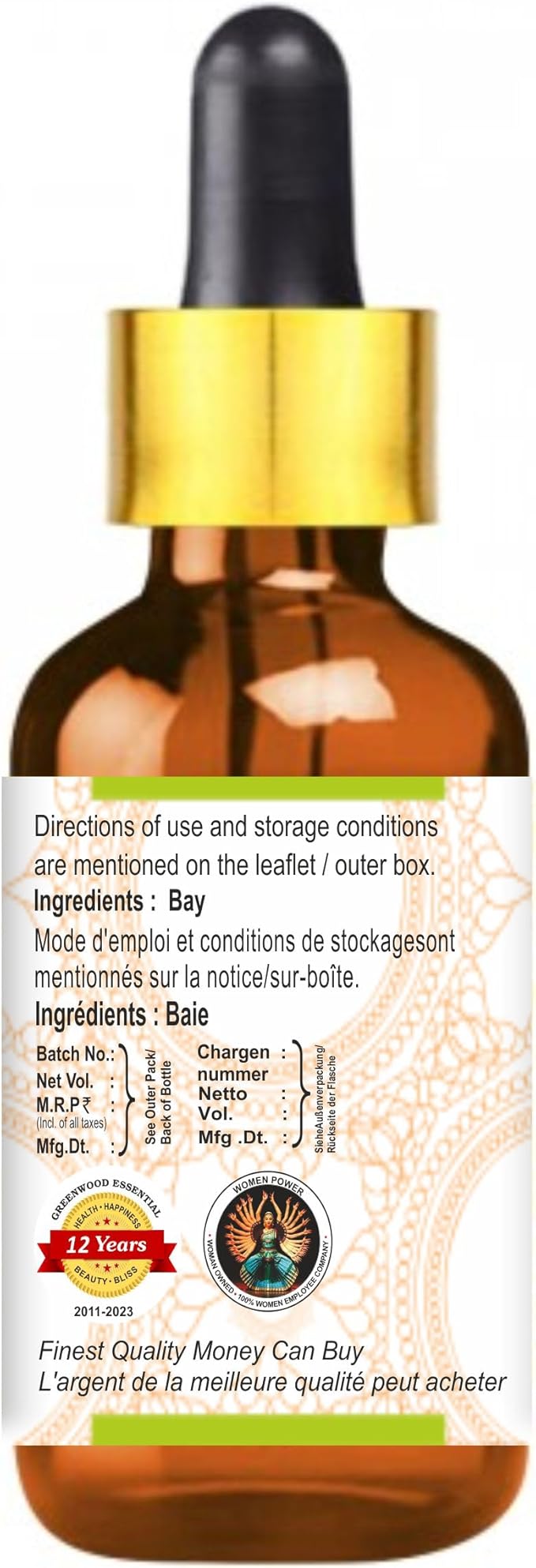 Greenwood Essential Pure Bay Essential Oil (Pimenta racemosa) with Glass Dropper Steam Distilled (Pack of Three) 100ml X 3 (10.1oz)