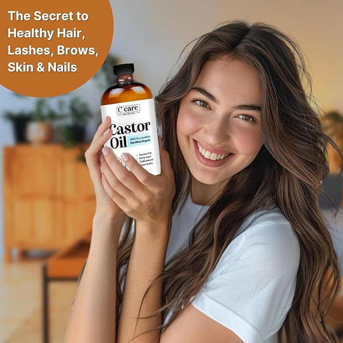 C CARE Castor Oil 100% Pure Organic Cold Pressed Unrefined Glass Bottle | USDA Certified Organic | Hexane Free Extra Virgin | For Hair Growth Eyebrows Eyelashes Skin and Castor Oil Pack Wrap | 16oz