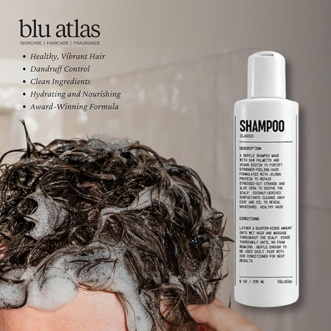 Blu Atlas Men's Natural Shampoo – Organic, Sulfate-Free, Paraben-Free – Deep Cleansing & Hydrating – Classic Scent (Bergamot, Sage, Patchouli) – Made in America– 8 oz