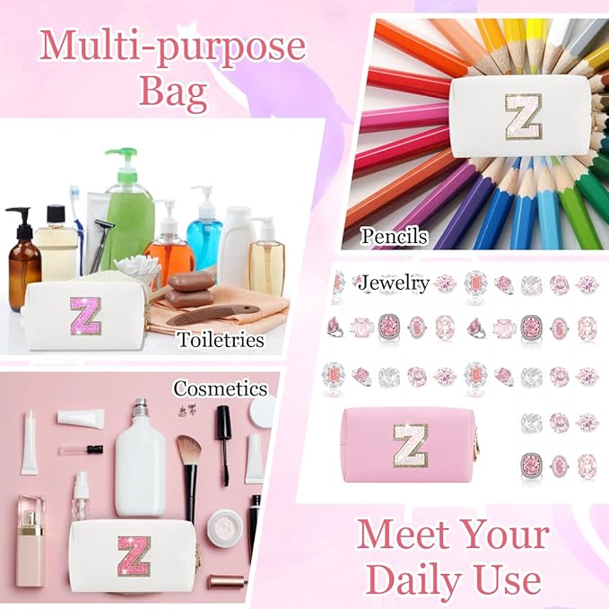 Glitter Initial Letter Makeup Bag, Small Personalized Sequins Letters PU Leather Cosmetic Bag Portable Waterproof Makeup Zipper Pouch, Shine Handbag Organizer Travel Bag Gifts for Women&Girls(White-Z)