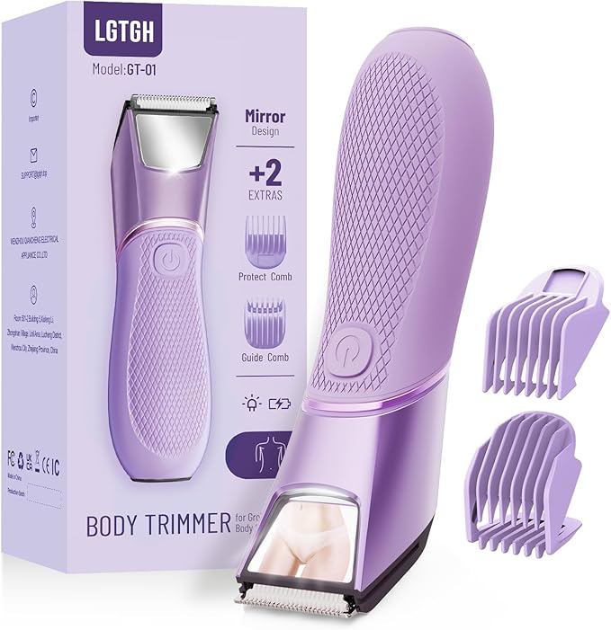 Bikini Trimmer for Women: Pubic Hair Razor with Mirror & LED Light, Electric Shaver with Travel Lock & Ceramic Blades - Body Groomer IPX7 Waterproof Use for Legs/Arm/Underarm
