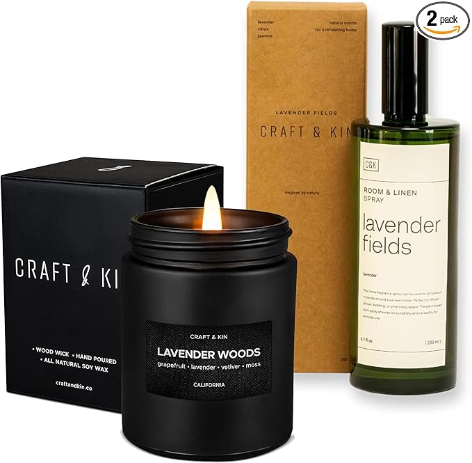 Craft & Kin Lavender Home Fragrance Bundle | Lavender and Wood Scented Candles + Lavender Room Spray | Men's Soy Candles & Room Freshener