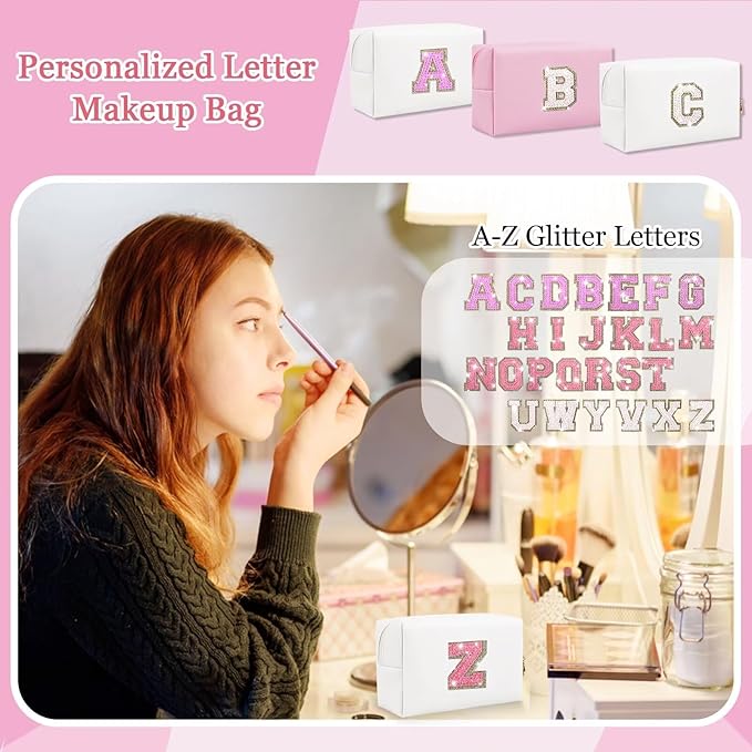 Glitter Initial Letter Makeup Bag, Small Personalized Sequins Letters PU Leather Cosmetic Bag Portable Waterproof Makeup Zipper Pouch, Shine Handbag Organizer Travel Bag Gifts for Women&Girls(White-Z)