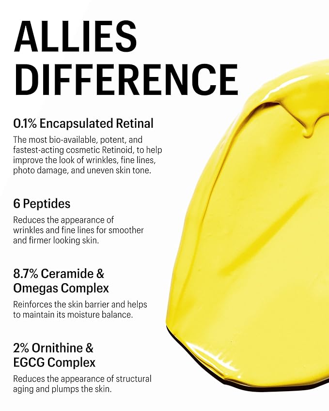 Allies of Skin Retinal 0.1% Peptides Repair Night Cream with 0.1% Encapsulated Retinal, 6 Peptides, 2% Ornithine & EGCG Complex, 8.7% Ceramides & Omegas Complex