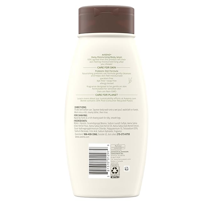 Aveeno Daily Moisturizing Body Wash for Dry & Sensitive Skin + Prebiotic Oat, Oat Body Wash & Gently Cleanses, Nourishes & Feels Hydrating on Dry Skin, Gentle & Light Fragrance, 18 fl oz