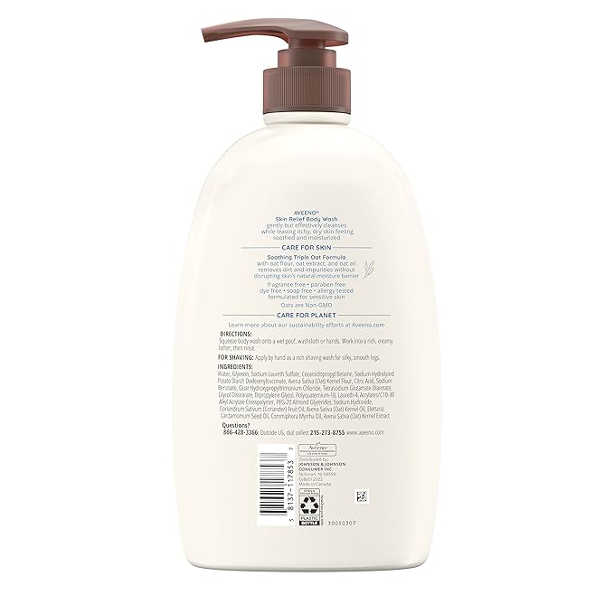 Aveeno Skin Relief Fragrance Free Body Wash, Triple Oat Formula, Gentle Daily Cleanser for Itchy Dry Sensitive Skin, Soap & Paraben Free, Soothes & Moisturizes, 33 fl oz