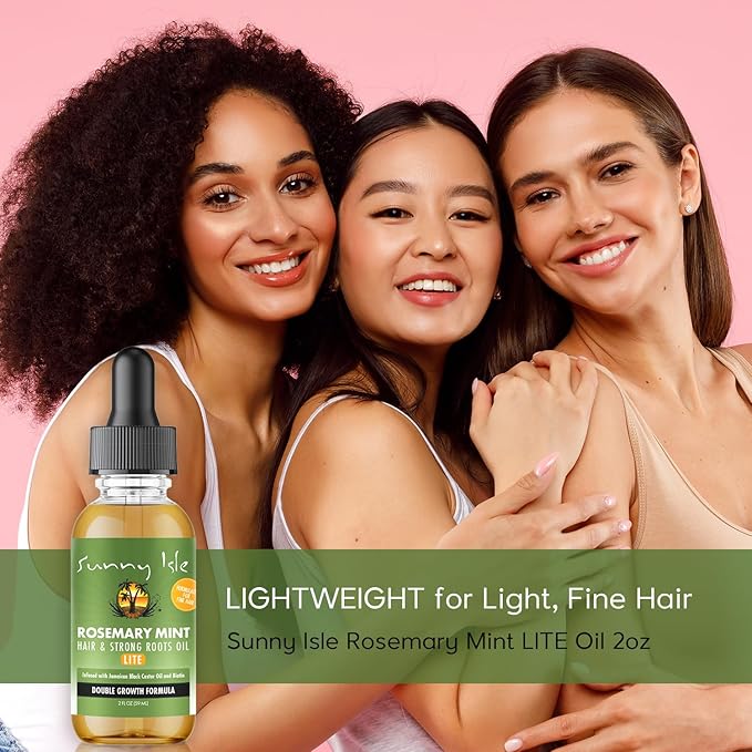 Sunny Isle Rosemary Mint Hair and Strong Roots Oil Lite 2oz | For Light, Thin Hair | Infused with Biotin & Jamaican Black Castor Oil | Nourish Hair Follicles | Dry Scalp, Split Ends
