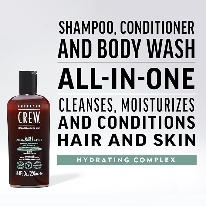 AMERICAN CREW 3-in-1 Chamomile & Pine, Shampoo, Conditioner & Body Wash for Men, Hair Care Gift for Him, Calming and Relaxing Fragrance, 15.2 fl oz