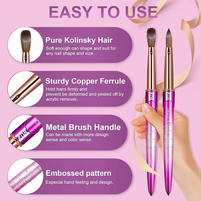 Acrylic Nail Brush Size 8, 100% Real Kolinsky Art Nail Brush for Acrylic Powder Application, Handmade Women Manicure Nail Extension Tool for Professional DIY Home Salon and Beginners