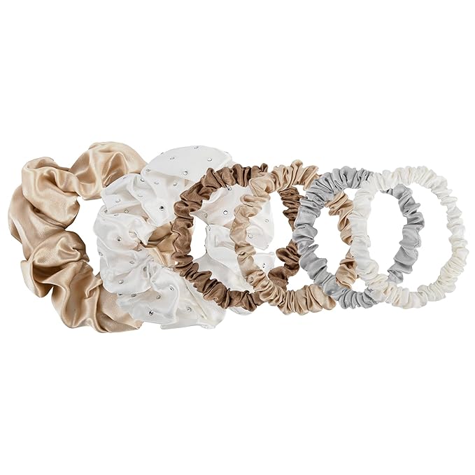 SILKIE x6 Set 100% Pure Mulberry Silk Christmas Special Light Neutral Skinny Scrunchies Travel Pouch Everyday Hair Ties Elastics Hair Care Ponytail Holder No Damage (Frost)