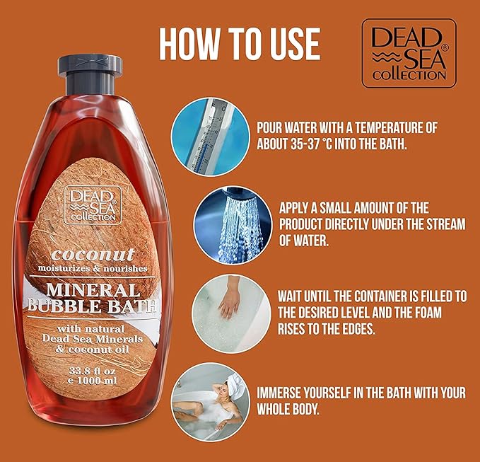 Dead Sea Collection Bubble Bath with Coconut for Women and Men - Coconut Oil and Pure Dead Sea Minerals - Nourishing and Moisturizing Skin - Pack of 2 (67.6 fl.oz)