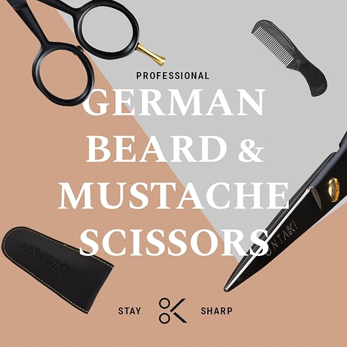 Ontaki Professional Beard Scissors for Men - 5 in Hand-Forged Black 410C German Steel - Includes 2 Combs & PU Pouch - Beard & Mustache Grooming Kit