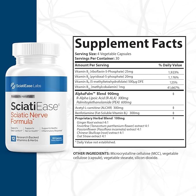 SciatiEase Sciatic Nerve Health Support Supplement - Nerve Support Formula with AlphaPalm, Pea, Vitamin B Complex, Alpha Lipoic Acid 300mg - 6 Bottles