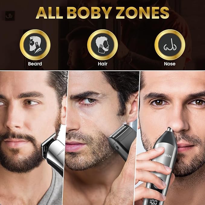 PRITECH Beard Trimmer for Men, 3 in 1 Hair Clippers for Men Kit, Nose,Ear,Micro Electric Shaver, Mens Grooming Set Cordless with LED Display IPX6 Waterproof (Silver)