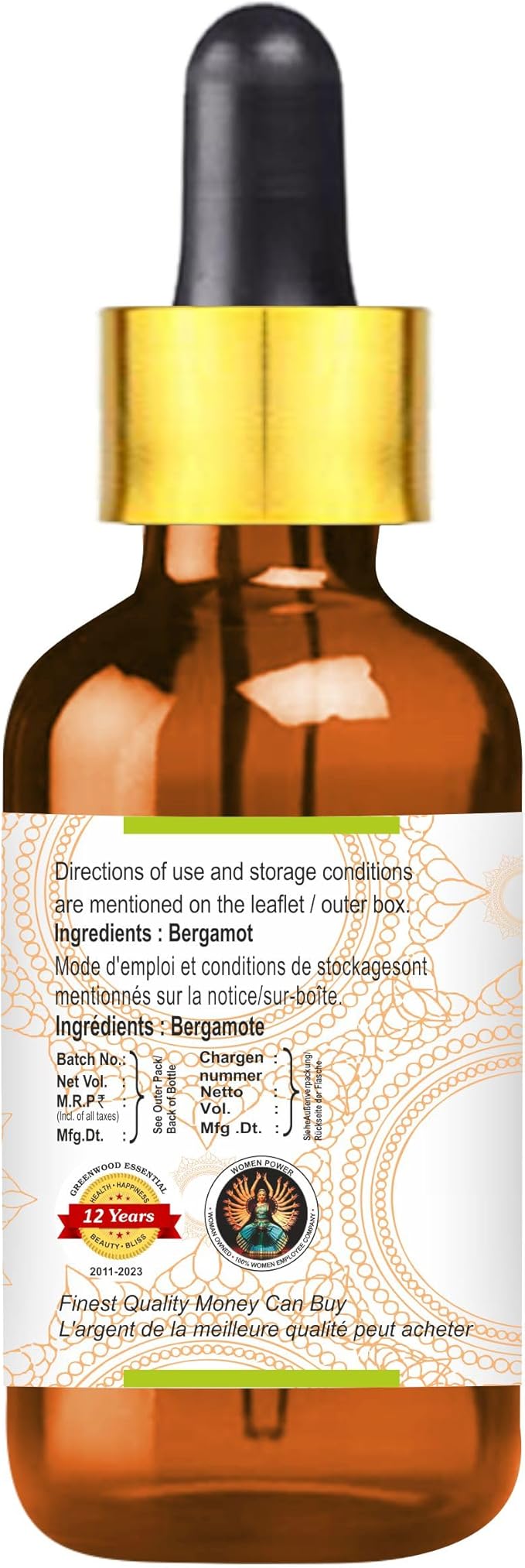 Greenwood Essential Pure Bergamot Essential Oil (Citrus bergamia) with Glass Dropper Steam Distilled 5ml (0.16 oz)