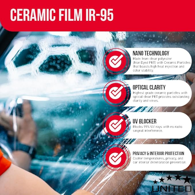 United Ceramic Pro Window Tint Car 20In x100Ft 2Ply Nano Ceramic IR-95 with 20% VLT - Outstanding Clarity & Views Window Tint for Car Home Blocks UV/IR Rays, Adhesive Film W/Lifetime Color Stability