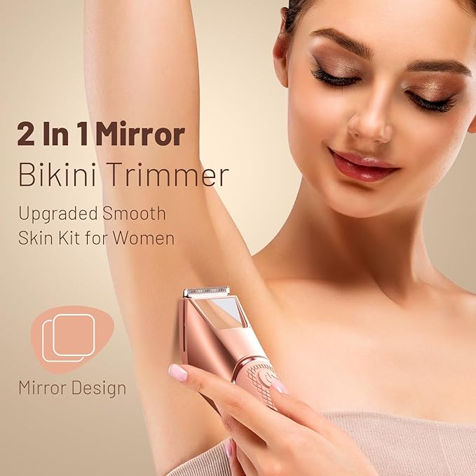 Bikini Trimmer for Women: Pubic Hair Razor with Mirror & LED Light, Electric Shaver with Ceramic Blades & Travel Lock - Body Groomer IPX7 Waterproof Use for Legs/Arm/Underarm - Baby Pink