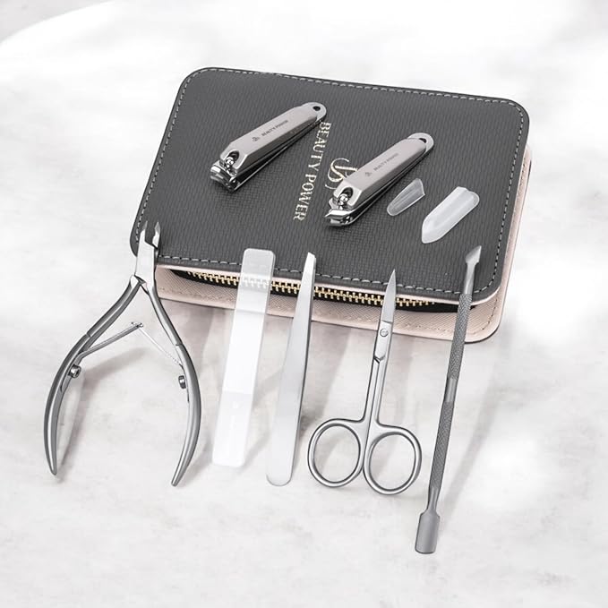 Manicure Pedicure Set 7-in-1 Stainless Steel, Ultra Sharp, Slanted Nail Clipper, Fingernail Clipper, Cuticle Nipper, Glass Nail File, Eyebrow Tweezers, Scissors, Case – Gift (Matte Gray)