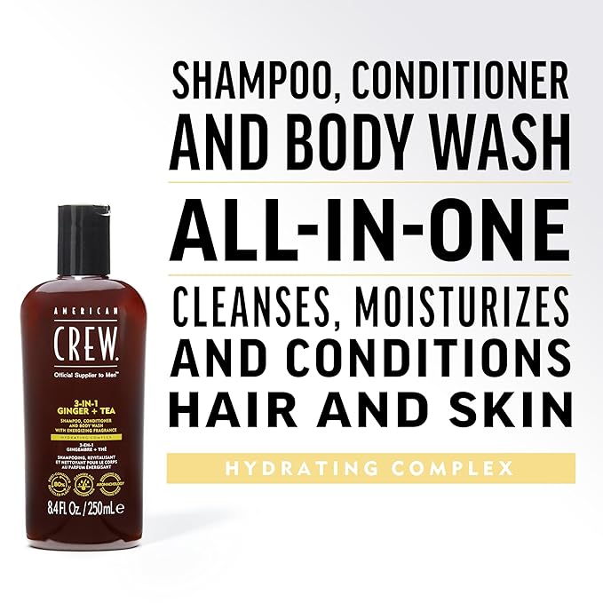 AMERICAN CREW 3-in-1 Ginger & Tea, Shampoo, Conditioner & Body Wash for Men, Hair Care Gift for Him, Revitalizing and Refreshing Fragrance, 33.8 fl oz