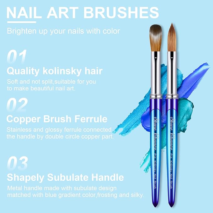 Acrylic Nail Brush Size 14, 100% Pure Kolinsky 3D Art Nail Brush with Gradient Blue Handle, Art Design Powder Nail Brush Pen for Nails Extension & Carving, Acrylic Application Tools