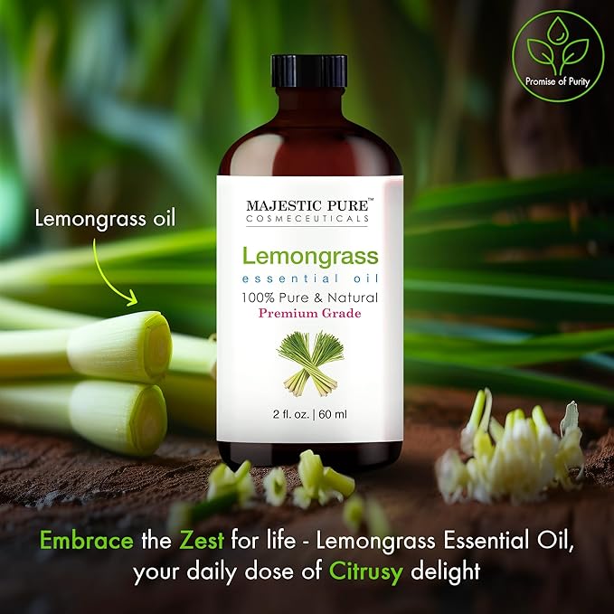 Majestic Pure Lemongrass Essential Oil with Glass Dropper - 2 Fl Oz - 100% Pure and Natural Lemongrass Oil - Premium Grade Essential Oils for Diffuser, Aromatherapy, Soap and Candle Making