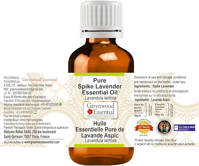 Greenwood Essential Spike Lavender Essential Oil (Lavandula latifolia) Pure | Non-Sticky | Non-Greasy | Lightweight | Men & Women | All Skin Types | Steam Distilled 15ml (0.50 oz)