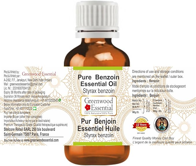 Greenwood Essential Benzoin Essential Oil (Styrax Benzoin) Pure | Viscous Texture | Rich Aroma | Unisex | All Skin Types |Natural Extract Steam Distilled 100ml (3.38 oz)