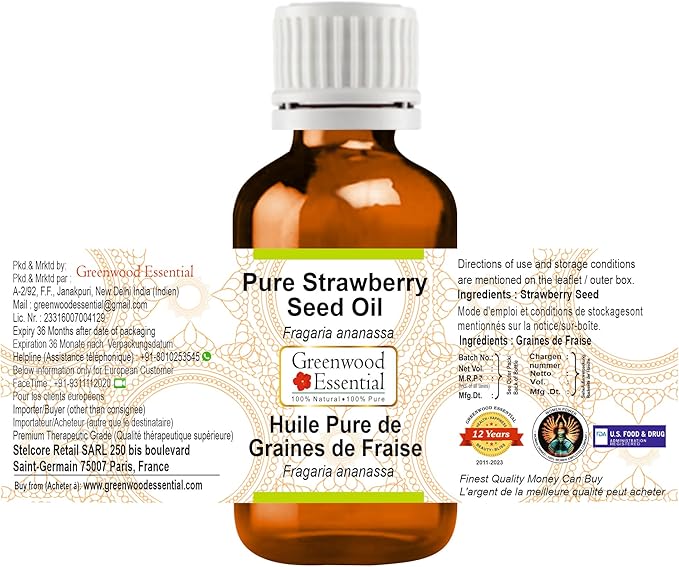 Greenwood Essential Strawberry Seed Oil (Fragaria ananassa) | Infused | Pure | Non-Sticky | Lightweight | For Skin Blends | Natural Plant Extract | For Men & Women | All Skin Types | 15ml (0.50 oz)