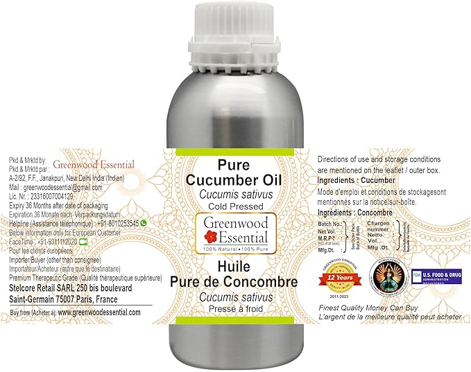 Greenwood Essential Pure Cucumber Oil (Cucumis sativus) Cold Pressed 300ml (10 oz)