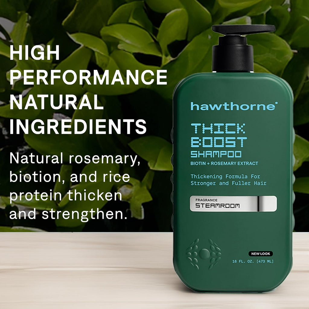Hawthorne Thick Boost Shampoo for Thinning Hair. Fight Hair Loss With Biotin, Rice Protein & Vitamin E Thickening Formula. Eucalyptus Mint Scent. Sulfate Free Mens All Natural Shampoo. 16 fl oz 2-Pack