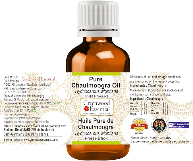 Greenwood Essential Pure Chaulmoogra Oil (Hydnocarpus wightiana) 100% Natural Therapeutic Grade Cold Pressed for Personal Care 15ml (0.50 oz)