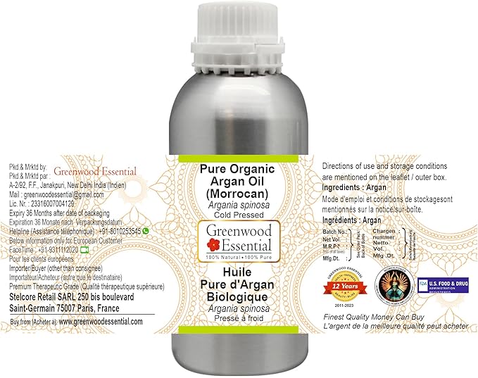 Greenwood Essential Pure Organic Argan (Moroccan) Oil (Argania spinosa) Cold Pressed 1250ml (42 oz)