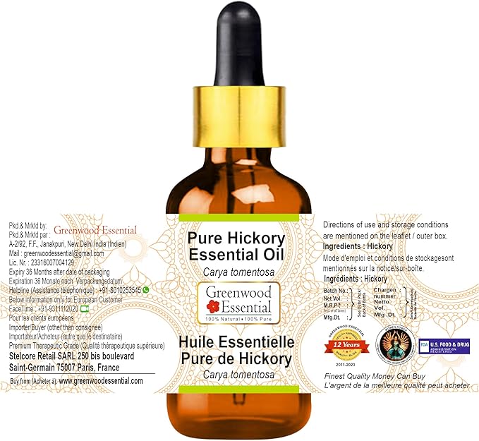 Greenwood Essential Hickory Essential Oil (Carya tomentosa) with Glass Dropper | Pure | Non-Sticky | Non-Greasy | Lightweight | Men & Women | All Skin Types | Steam Distilled 5ml (0.16 oz)