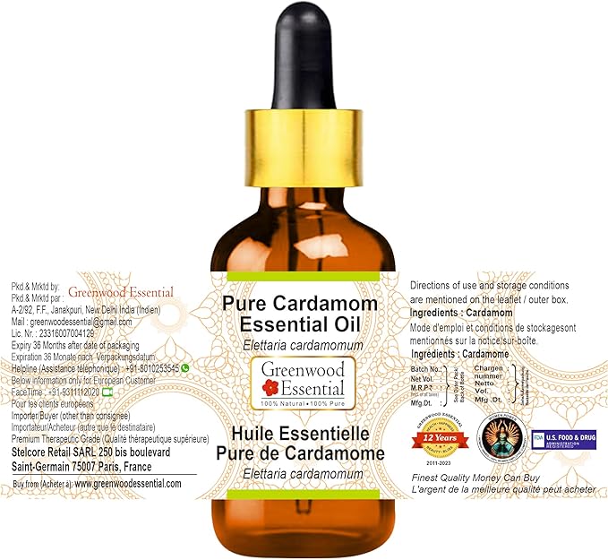 Greenwood Essential Pure Cardamom Essential Oil (Elettaria cardamomum) with Glass Dropper Steam Distilled (Pack of Three) 100ml X 3 (10.1oz)