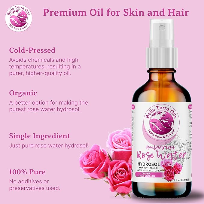 Bella Terra Oils - Organic Rose Water Spray 4oz - Dive into the Elixir of Rose Hydrosol, Gentle on Skin, Luxurious Rosewater Toner Face Experience