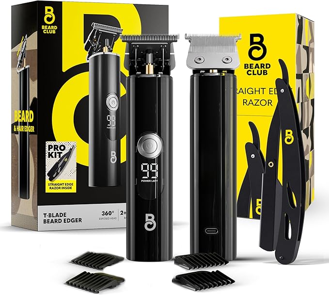 The Beard Club Professional T-Blade Beard Trimmer for Men with Straight Razor - Barber Electric Shaver & Hair Clippers for Men – Zero Gapped Cordless Hair Trimmer & Edger, Line Up Grooming Kit