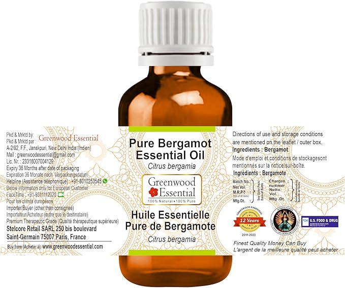 Greenwood Essential Bergamot Essential Oil (Citrus bergamia) Pure | Non-Sticky | Non-Greasy | Lightweight | Men & Women | All Skin Types | Steam Distilled 15ml (0.50 oz)
