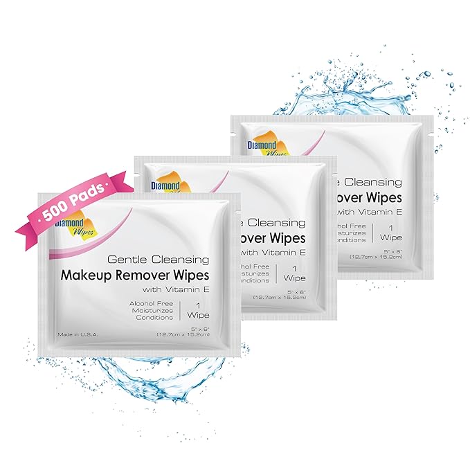 Diamond Wipes Face Cleansing and Waterproof Makeup Remover Wipes, Case of 500 Wipes, Alcohol Free Wipes with Vitamin E