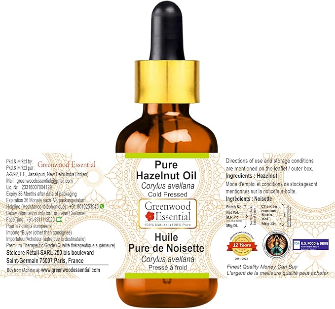 Greenwood Essential Pure Hazelnut Oil (Corylus avellana) with Glass Dropper Cold Pressed 100ml (3.38 oz)