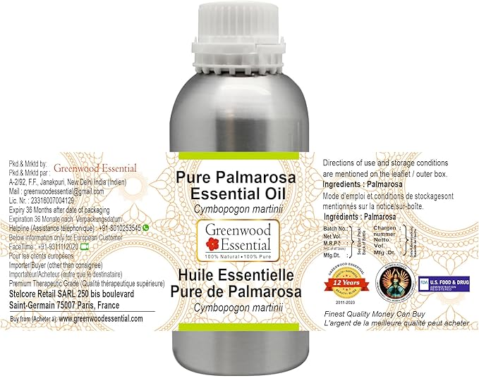 Greenwood Essential Pure Palmarosa Essential Oil (Cymbopogon martinii) Steam Distilled 1250ml (42.2 oz)
