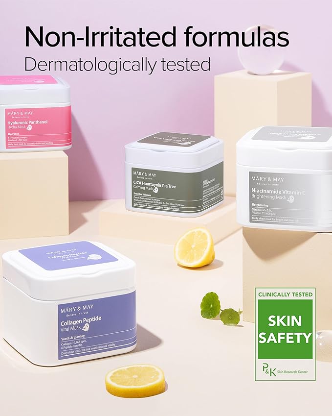 Mary&May Collagen Peptide Vital Mask | 30 Sheets | Daily Korean Face Mask | Firming & Wrinkle Care | Pore Minimizing & Elasticity Boost | Collagen & 6 Peptides for Glass Skin