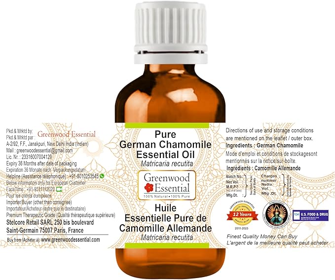 Greenwood Essential Pure German Chamomile Essential Oil (Matricaria recutita) Steam Distilled 5ml (0.16 oz)
