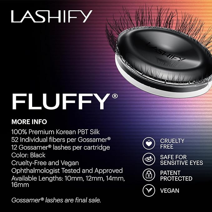 Lashify Fluffy 16mm Gossamer DIY Eyelash Extensions Refill, the First Ever Dual-Fibered Lash that Features Both Thin and Thick Fibers, Black, Easy False Lashes