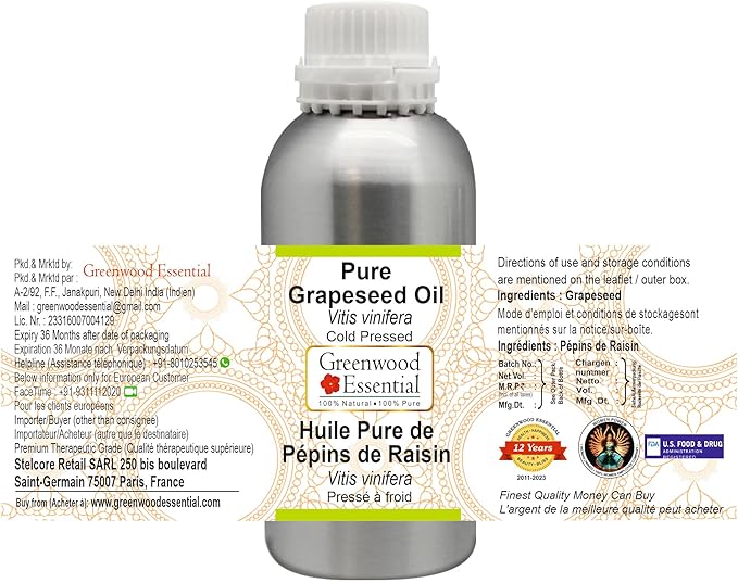 Greenwood Essential Pure Grapeseed Oil (Vitis vinifera) Cold Pressed 300ml (10 oz)