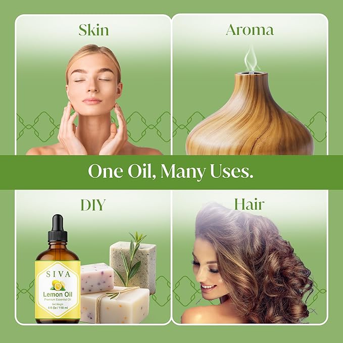 Siva Lemon Essential Oil - 4 Fl Oz – 100% Natural Lemon Oil - for Diffuser, Face, Skin Care, Aromatherapy, Hair Care, Scalp and Body Massage - with Dropper