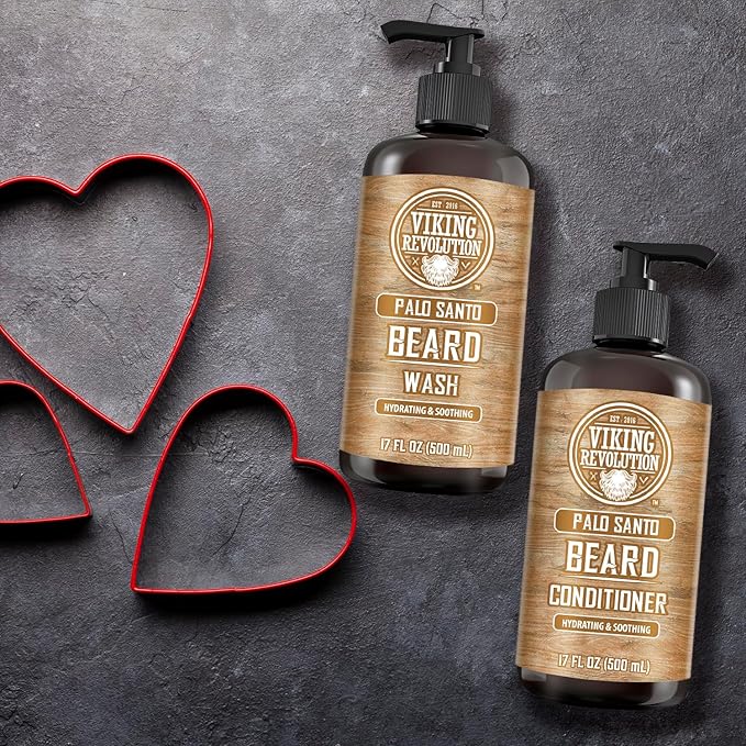 Viking Revolution Palo Santo Beard Wash and Beard Conditioner Set with Argan and Jojoba Oils - Softens and Strengthens - Natural Palo Santo Scent - Beard Shampoo with Ginseng Root Extract (17 oz)