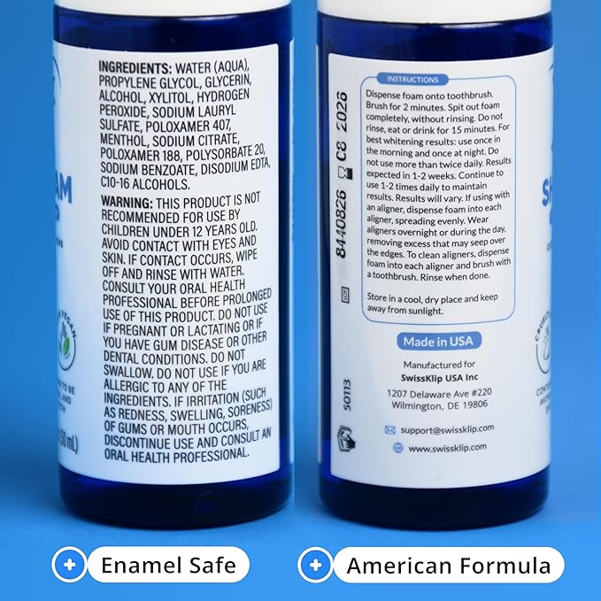Swissklip ShineFoam | Teeth Whitening Foam | Mint Flavor Whitening Toothpaste | Teeth Whitener I Professional Teeth Whitening Kit | 100% Vegan - Made in USA - 1.69 oz - Pack 2