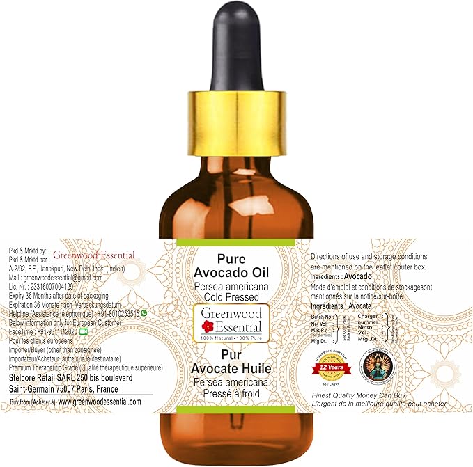 Greenwood Essential Pure Avocado Oil (Persea americana) with Glass Dropper Cold Pressed 50ml (1.69 oz)