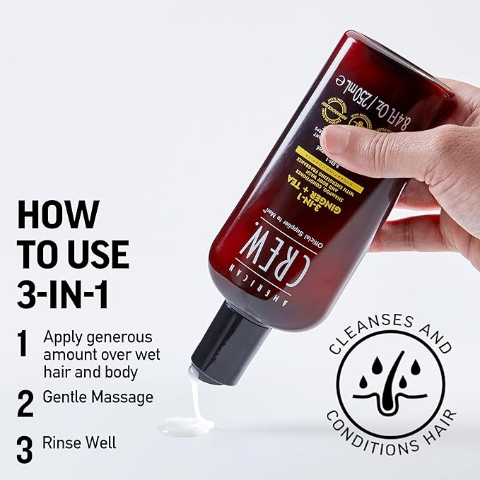AMERICAN CREW 3-in-1 Ginger & Tea, Shampoo, Conditioner & Body Wash for Men, Hair Care Gift for Him, Revitalizing and Refreshing Fragrance, 15.2 fl oz