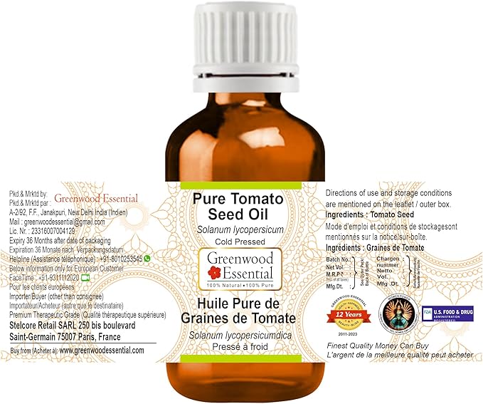 Greenwood Essential Pure Tomato Seed Oil (Solanum lycopersicum) Cold Pressed 100ml (3.38 oz)